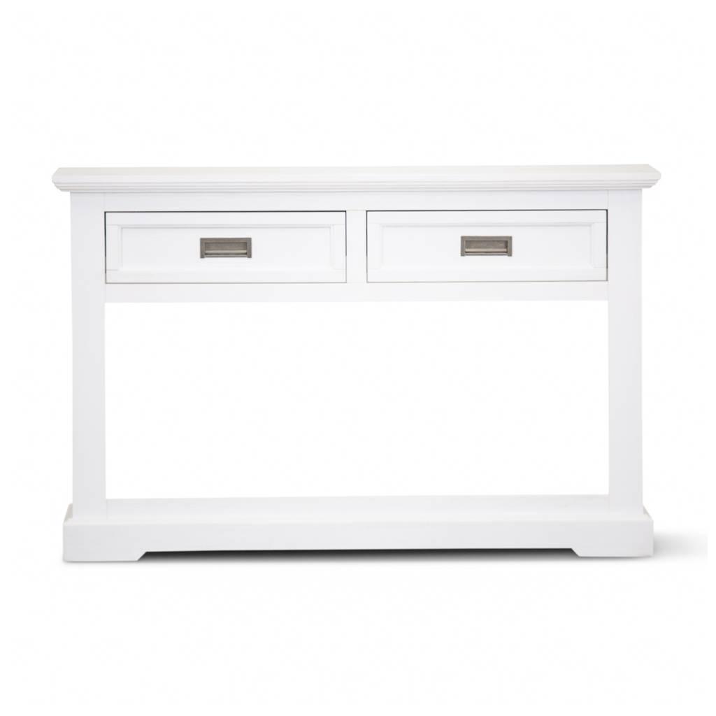 ANIKA SOLID ACACIA WOOD CONSOLE TABLE/HALL TABLE WITH 2 DRAWERS & A SHELF IN VIVID WHITE - MyChocolateWood
