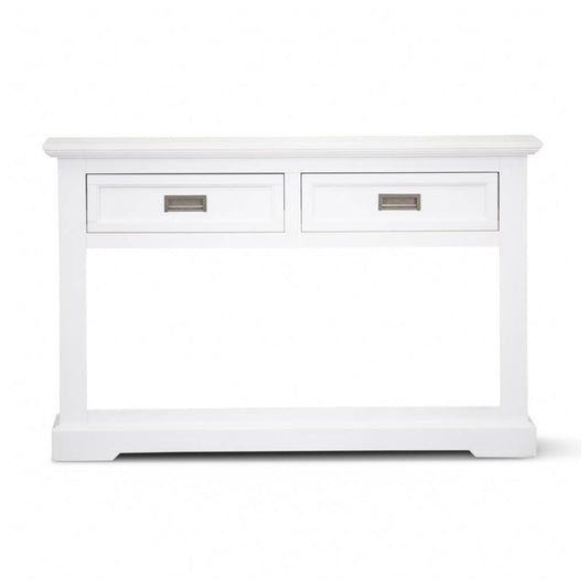 ANIKA SOLID ACACIA WOOD CONSOLE TABLE/HALL TABLE WITH 2 DRAWERS & A SHELF IN VIVID WHITE - MyChocolateWood