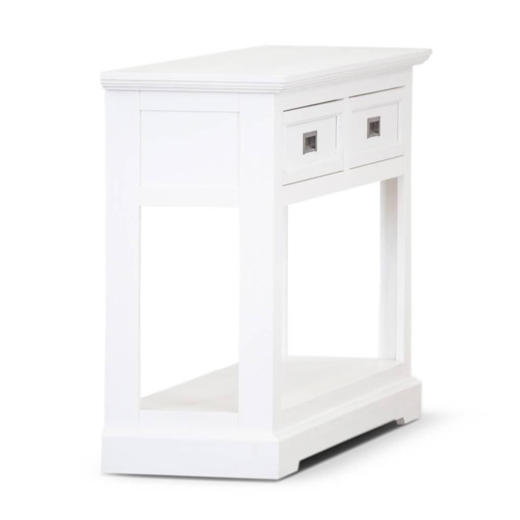 ANIKA SOLID ACACIA WOOD CONSOLE TABLE/HALL TABLE WITH 2 DRAWERS & A SHELF IN VIVID WHITE - MyChocolateWood