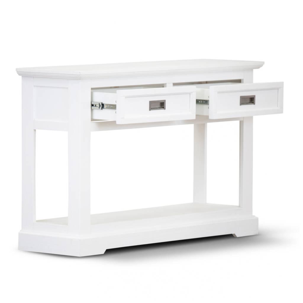 ANIKA SOLID ACACIA WOOD CONSOLE TABLE/HALL TABLE WITH 2 DRAWERS & A SHELF IN VIVID WHITE - MyChocolateWood