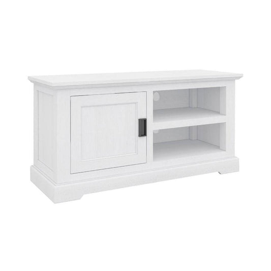ANIKA SOLID ACACIA WOOD TV UNIT 1-DOOR 2 SHELVES IN VIVID WHITE - MyChocolateWood