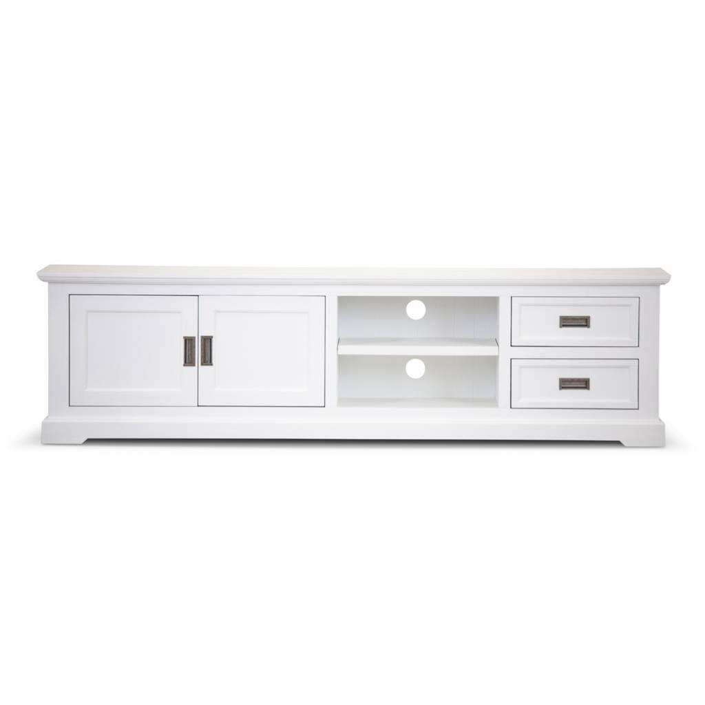 ANIKA SOLID ACACIA WOOD TV UNIT 2-DOORS 2 DRAWERS & 2 SHELVES IN VIVID WHITE - MyChocolateWood