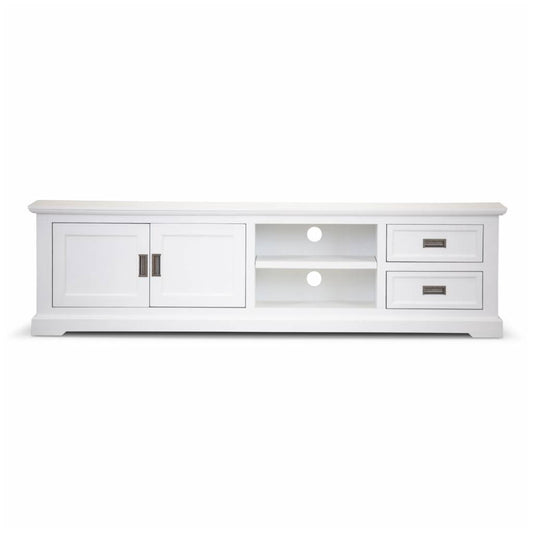 ANIKA SOLID ACACIA WOOD TV UNIT 2-DOORS 2 DRAWERS & 2 SHELVES IN VIVID WHITE - MyChocolateWood