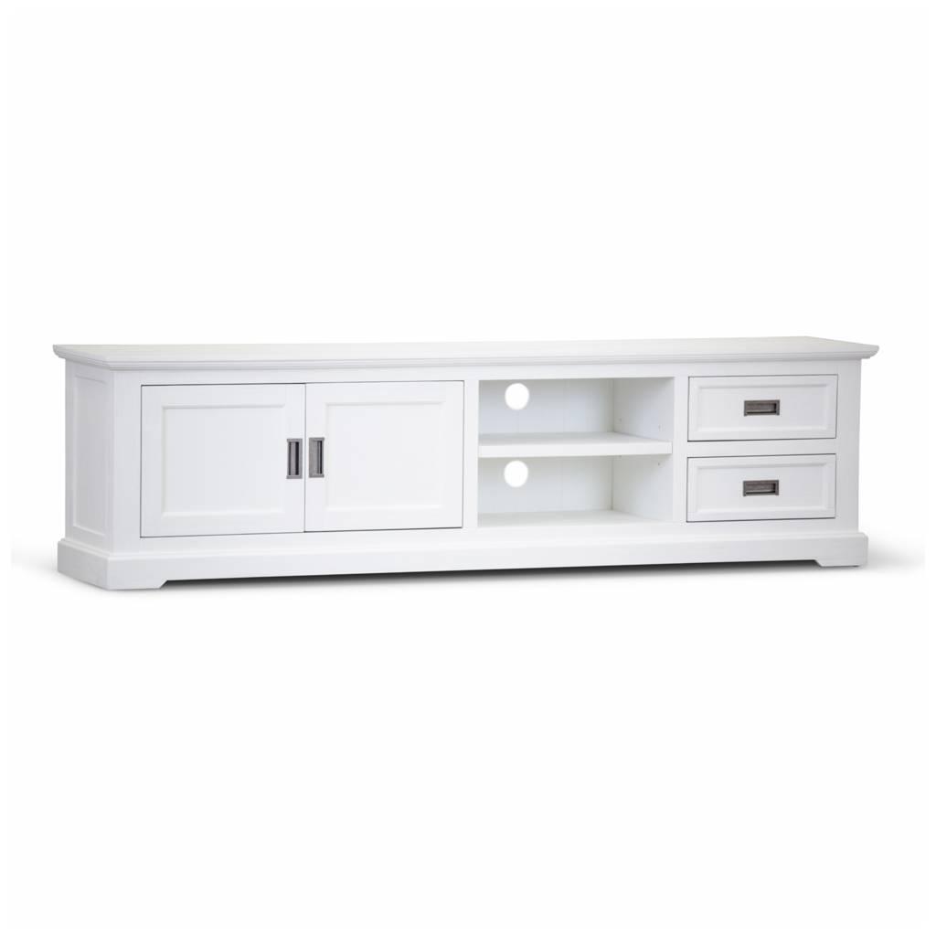 ANIKA SOLID ACACIA WOOD TV UNIT 2-DOORS 2 DRAWERS & 2 SHELVES IN VIVID WHITE - MyChocolateWood