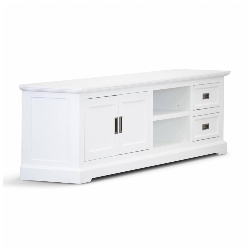 ANIKA SOLID ACACIA WOOD TV UNIT 2-DOORS 2 DRAWERS & 2 SHELVES IN VIVID WHITE - MyChocolateWood