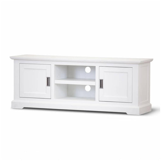 ANIKA SOLID ACACIA WOOD TV UNIT 2-DOORS & 2 SHELVES IN VIVID WHITE 160CM - MyChocolateWood