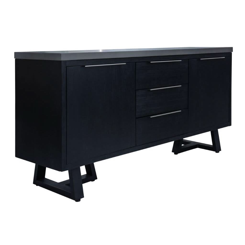 ANTHEA 2-TONE CONCRETE & ACACIA BUFFET SIDEBOARD 3 DRAWERS 2 DOORS GREY TOP BLACK LEGS - MyChocolateWood