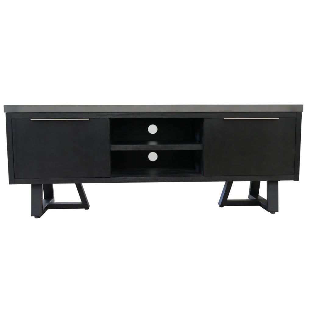 ANTHEA 2-TONE CONCRETE & ACACIA ETU TELEVISION UNIT 2 DOORS 1 DRAWER GREY TOP BLACK LEGS - MyChocolateWood