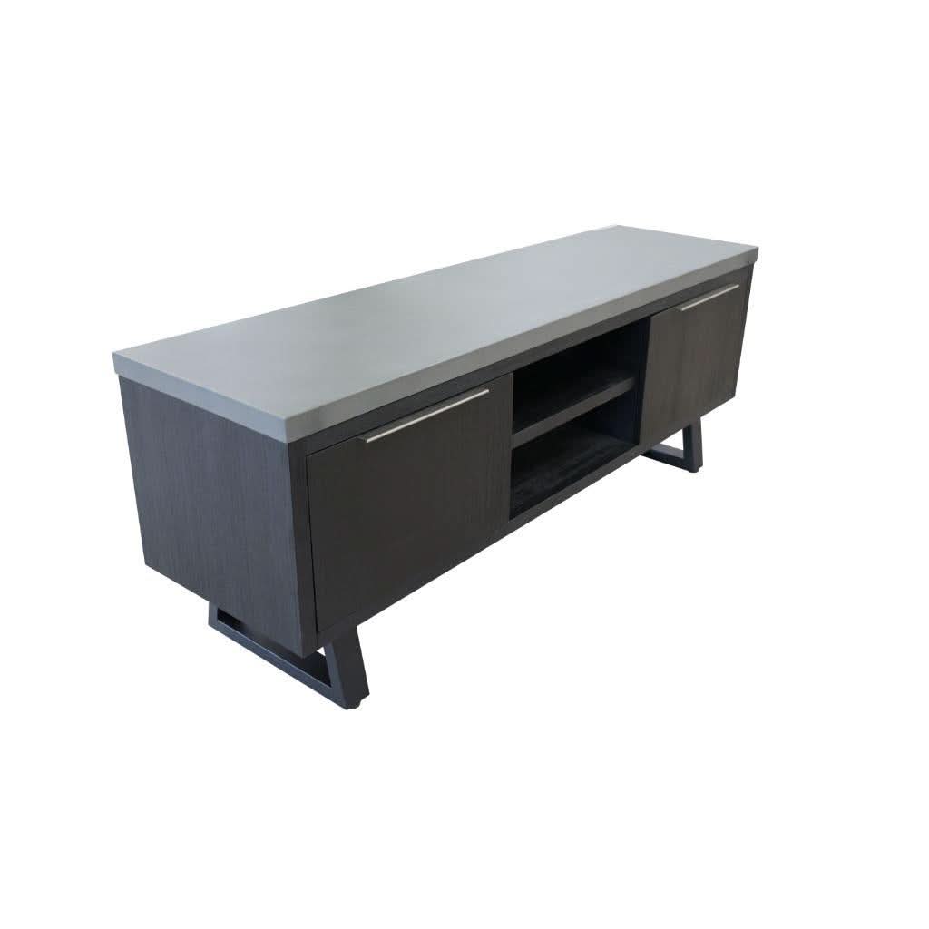 ANTHEA 2-TONE CONCRETE & ACACIA ETU TELEVISION UNIT 2 DOORS 1 DRAWER GREY TOP BLACK LEGS - MyChocolateWood