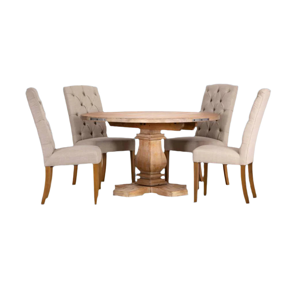 ASTI MANGO WOOD ROUND PEDESTAL DINING TABLE 135CM + 4 X ROSSI HAMPTONS DINING CHAIR WITH A LINEN FABRIC IN BEIGE- PACKAGE DEAL - MyChocolateWood