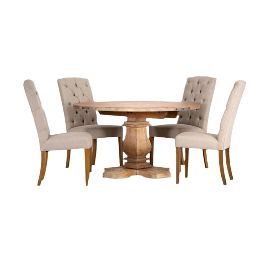 ASTI MANGO WOOD ROUND PEDESTAL DINING TABLE 135CM + 4 X ROSSI HAMPTONS DINING CHAIR WITH A LINEN FABRIC IN BEIGE- PACKAGE DEAL - MyChocolateWood