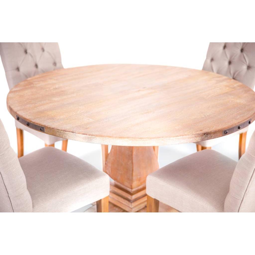 ASTI MANGO WOOD ROUND PEDESTAL DINING TABLE 135CM + 4 X ROSSI HAMPTONS DINING CHAIR WITH A LINEN FABRIC IN BEIGE- PACKAGE DEAL - MyChocolateWood