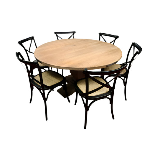 ASTI MANGO WOOD ROUND PEDESTAL DINING TABLE 135CM + 6 MELROSE CROSS BACK DINING CHAIRS IN BLACK - PACKAGE DEAL - MyChocolateWood
