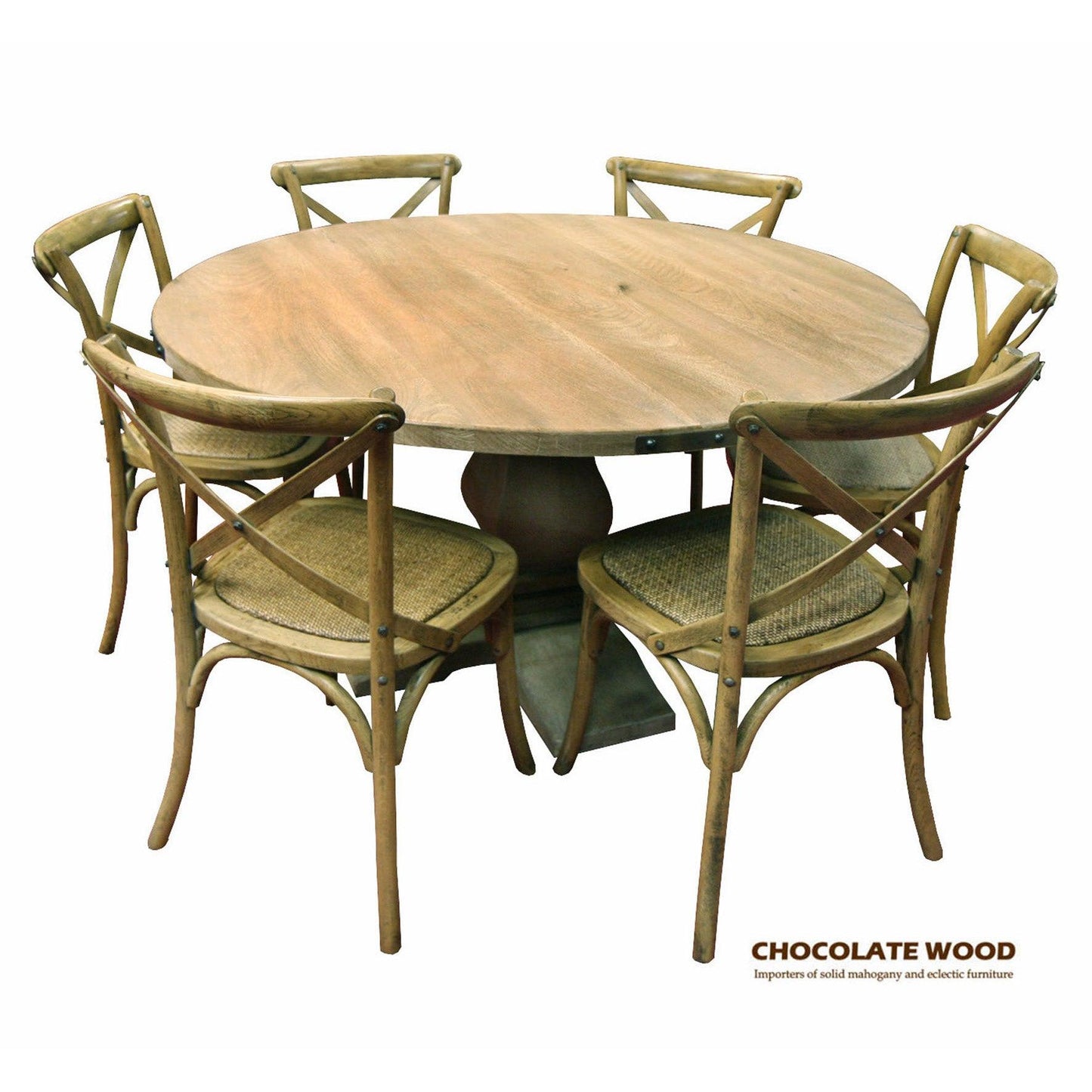 ASTI MANGO WOOD ROUND PEDESTAL DINING TABLE 135CM + 6 MELROSE CROSS BACK DINING CHAIRS IN NATURAL - PACKAGE DEAL - MyChocolateWood