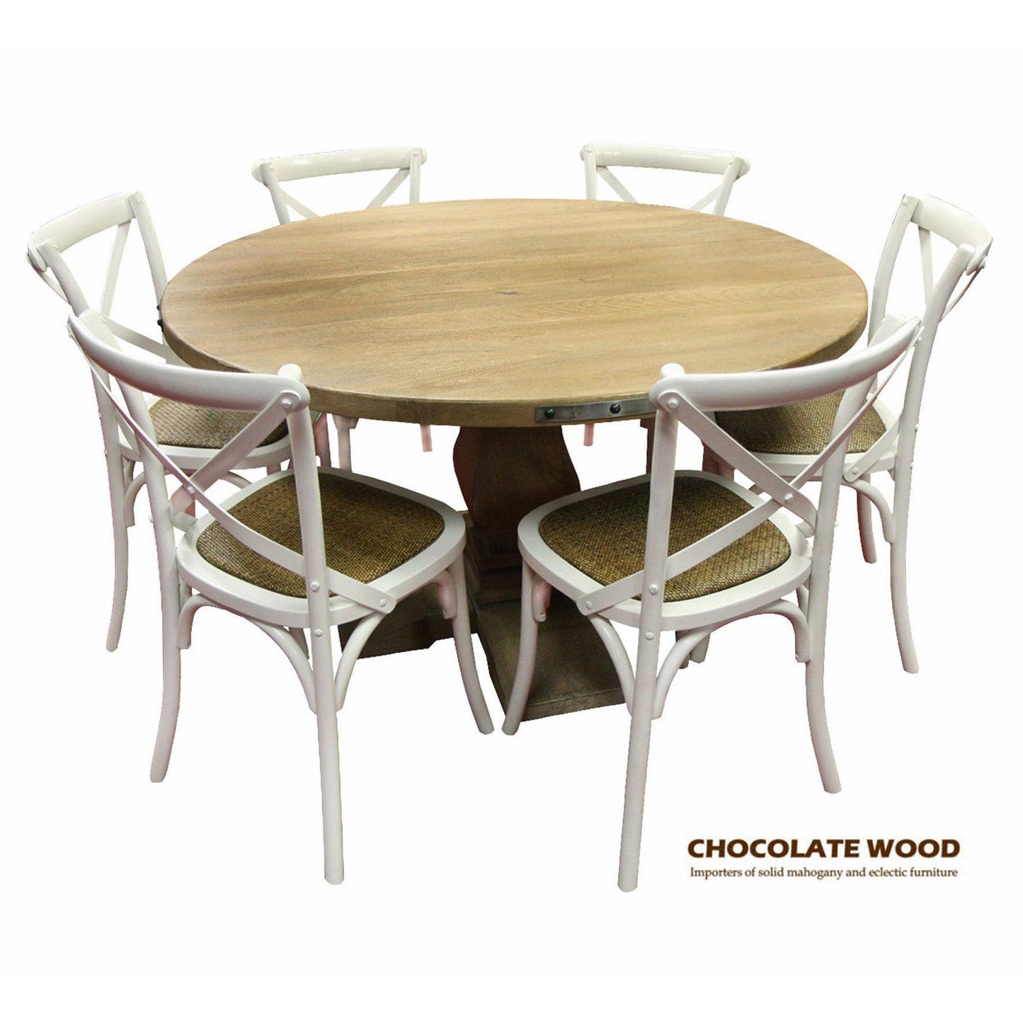 ASTI MANGO WOOD ROUND PEDESTAL DINING TABLE 135CM DIA. + 6  MELROSE CROSS BACK DINING CHAIRS IN WHITE - PACKAGE DEAL - MyChocolateWood