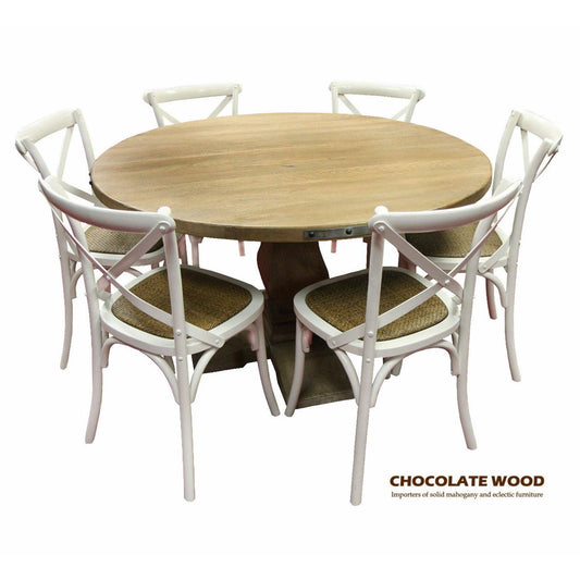ASTI MANGO WOOD ROUND PEDESTAL DINING TABLE 135CM DIA. + 6  MELROSE CROSS BACK DINING CHAIRS IN WHITE - PACKAGE DEAL - MyChocolateWood