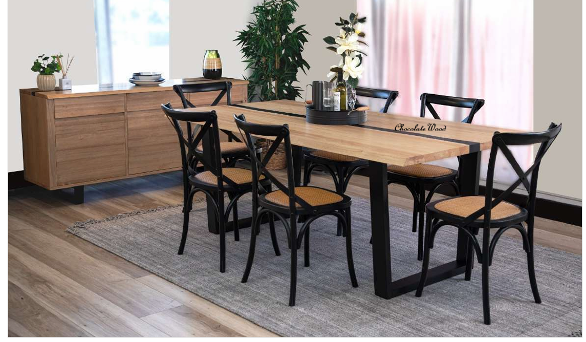 AXWYN  SOLID RUBBERWOOD DINING TABLE NATURAL/BLACK 200CM - MyChocolateWood