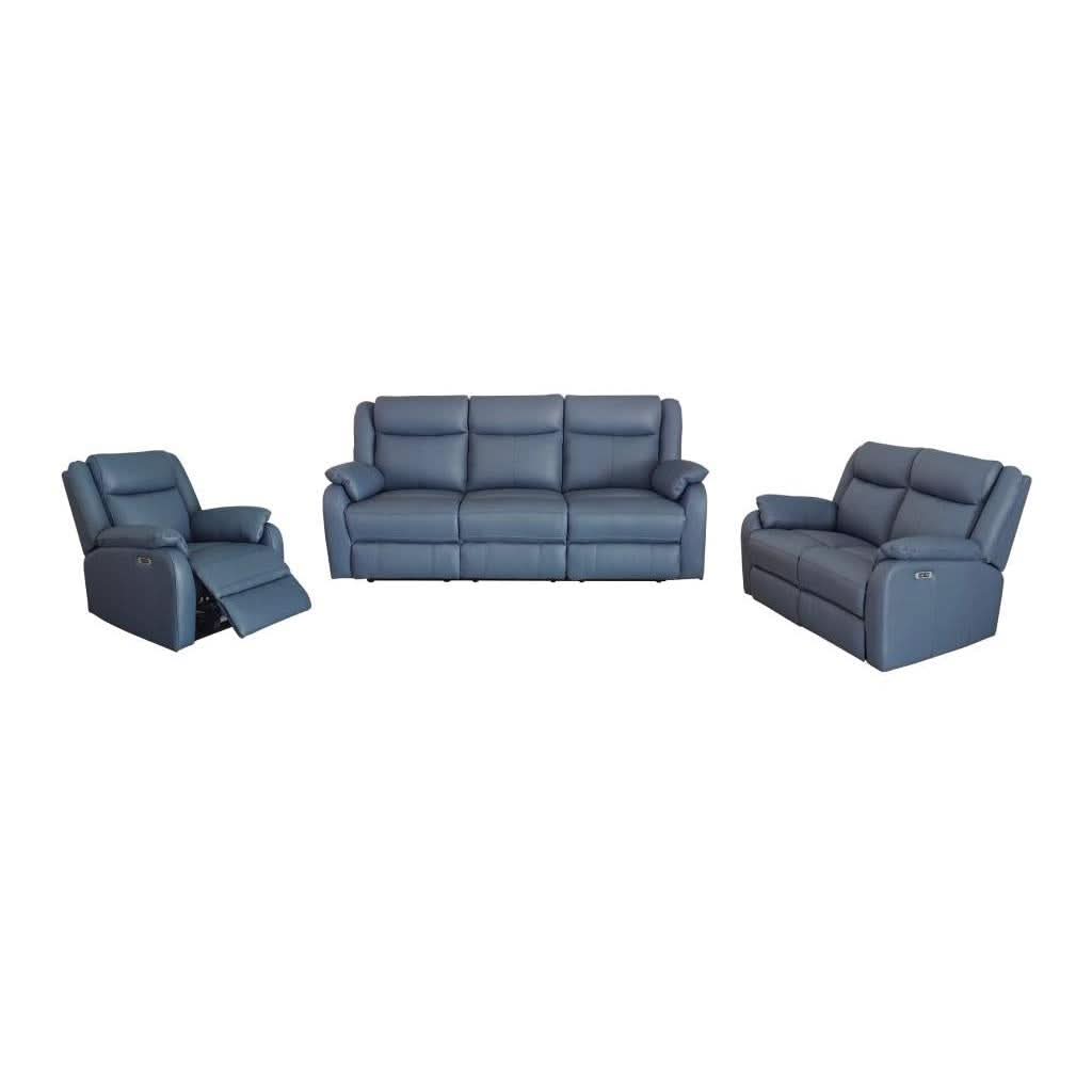 BARRON GENUINE MURANO LEATHER 3-SEATER  2-SEATER + 1 SINGLE RECLINER ARMCHAIR  LOUNGE SUITE MARINE BLUE - MyChocolateWood