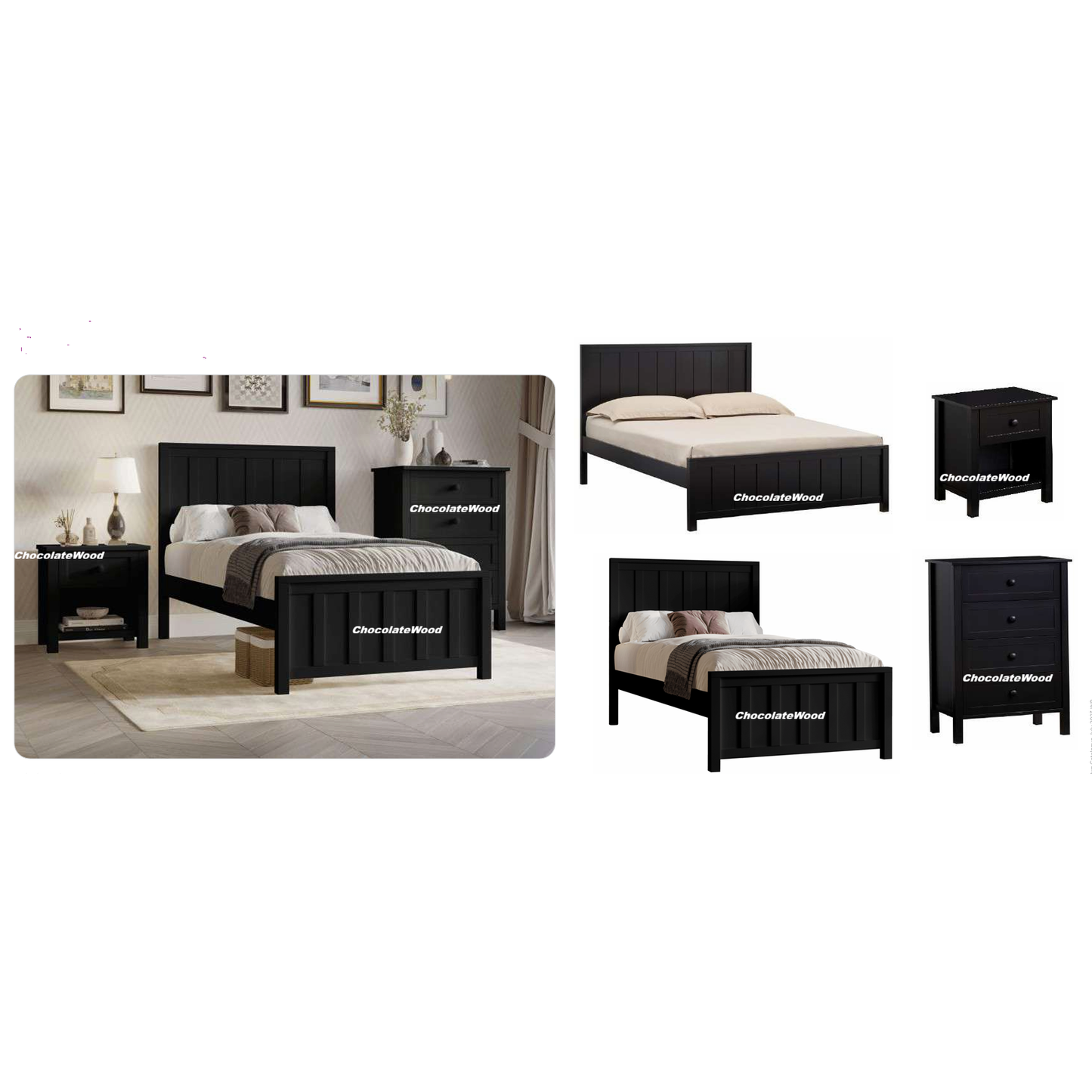 BAYLIN RUBBERWOOD KING SINGLE BED BLACK - MyChocolateWood