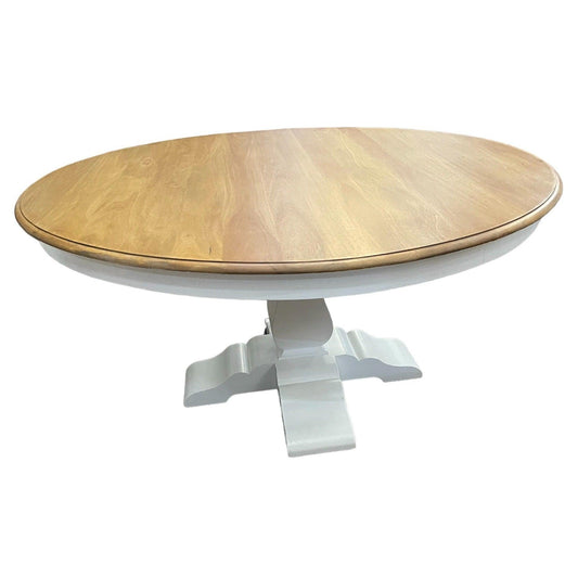 BECKETT HAMPTON STYLE SOLID MAHOGANY ROUND TRESTLE DINING TABLE IN ANTIQUE FRENCH OAK/ARCHITECTURAL WHITE 183CM - MyChocolateWood