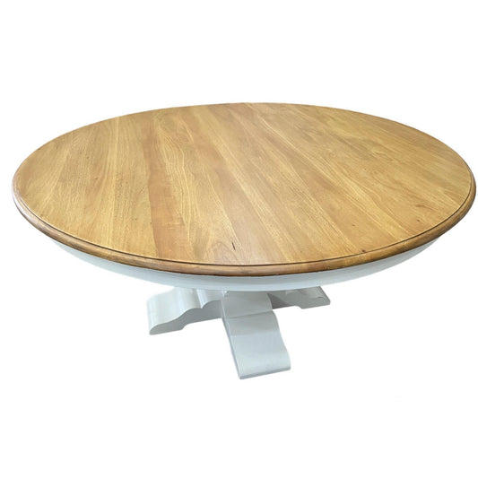 BECKETT HAMPTON STYLE SOLID MAHOGANY ROUND TRESTLE DINING TABLE IN ANTIQUE FRENCH OAK/ARCHITECTURAL WHITE 183CM - MyChocolateWood