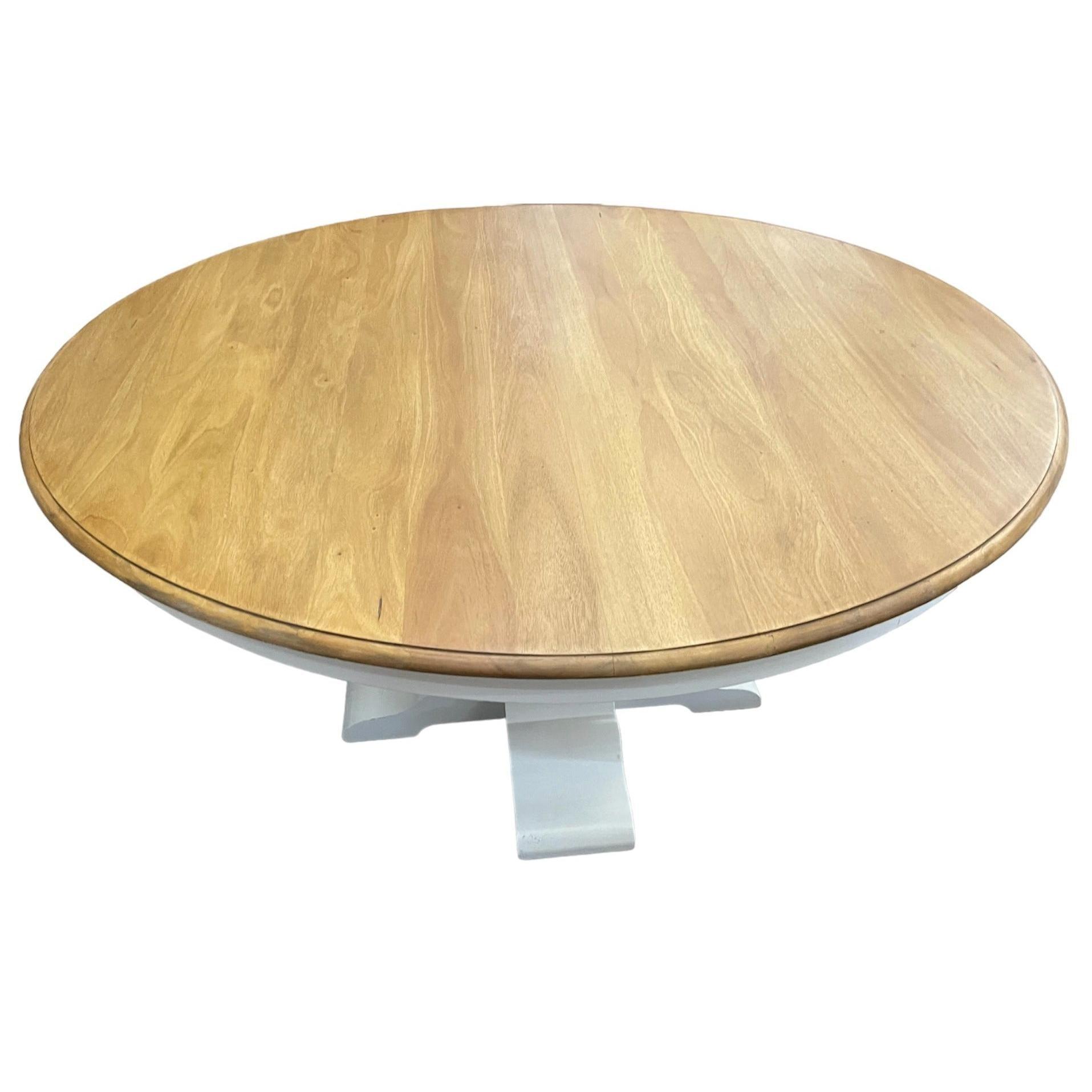 BECKETT HAMPTON STYLE SOLID MAHOGANY ROUND TRESTLE DINING TABLE IN ANTIQUE FRENCH OAK/ARCHITECTURAL WHITE 183CM - MyChocolateWood