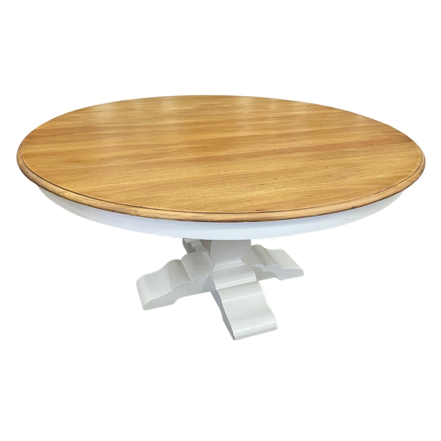 BECKETT HAMPTON STYLE SOLID MAHOGANY ROUND TRESTLE DINING TABLE IN ANTIQUE FRENCH OAK/ARCHITECTURAL WHITE 183CM - MyChocolateWood