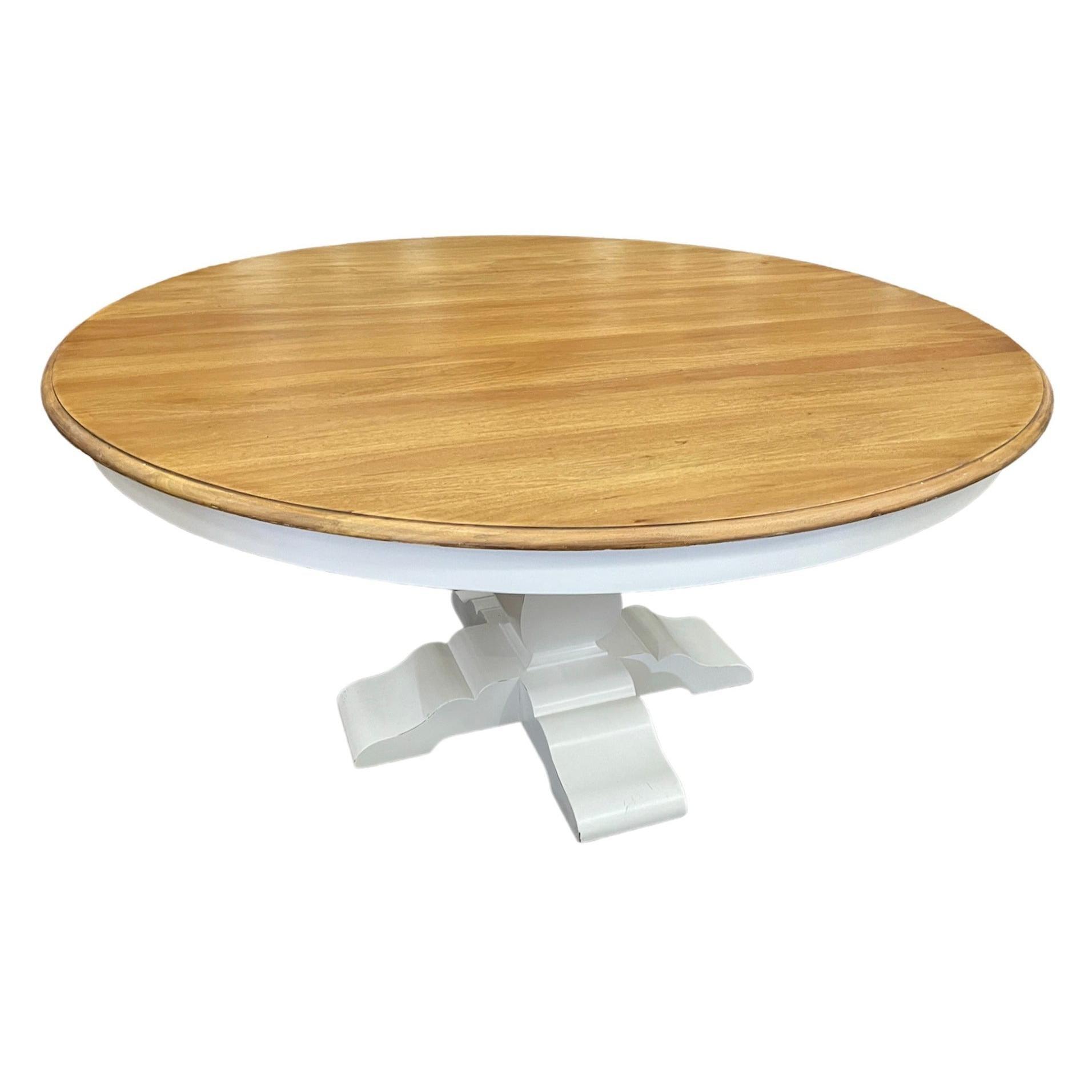 BECKETT HAMPTON STYLE SOLID MAHOGANY ROUND TRESTLE DINING TABLE IN ANTIQUE FRENCH OAK/ARCHITECTURAL WHITE 183CM - MyChocolateWood