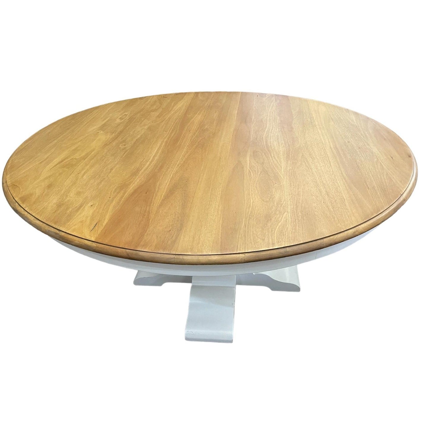 BECKETT HAMPTON STYLE SOLID MAHOGANY ROUND TRESTLE DINING TABLE IN ANTIQUE FRENCH OAK/ARCHITECTURAL WHITE 183CM - MyChocolateWood