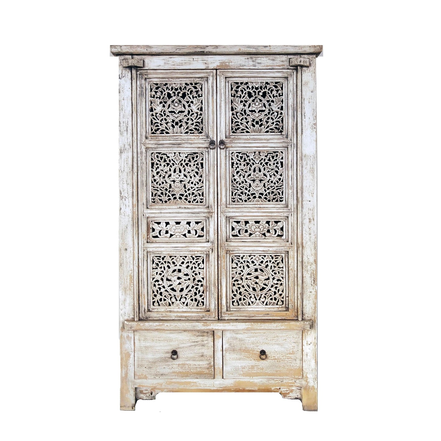 BEIBEI NGH006 CHINESE ANTIQUE RECYCLED  PINE TIMBER 2-DOOR 2-DRAWER CUPBOARD CABINET DISTRESSED WHITE - MyChocolateWood
