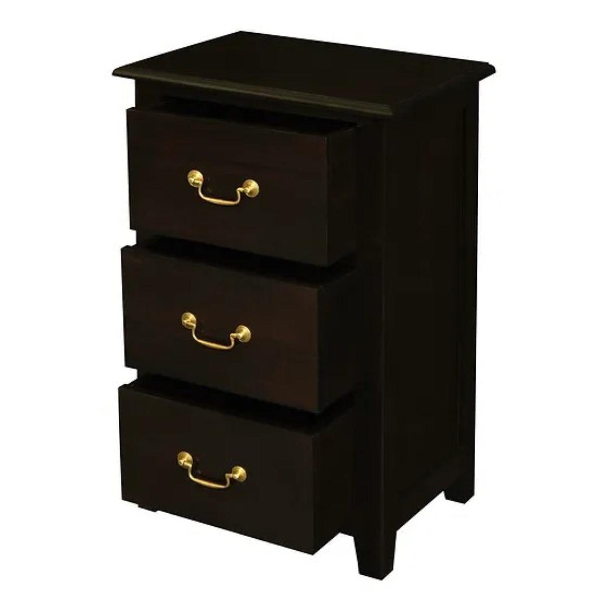 BENEDICT SOLID MAHOGANY TIMBER BEDSIDE TABLE WITH 3 DRAWERS IN CHOCOLATE - MyChocolateWood
