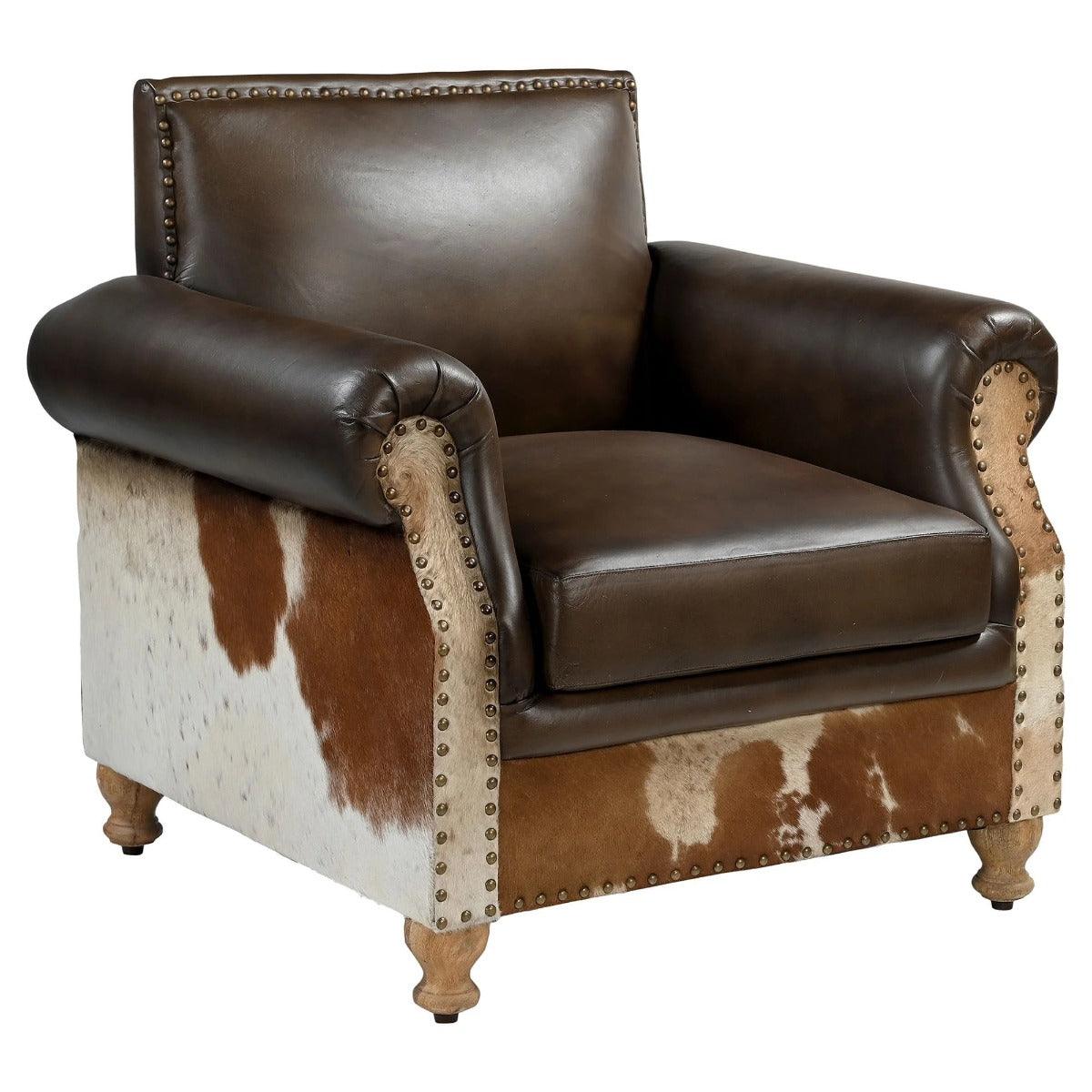 BENZI HANDMADE COW HIDE & GENUINE LEATHER ARMCHAIR EASY CHAIR LOUNGE CHAIR - MyChocolateWood