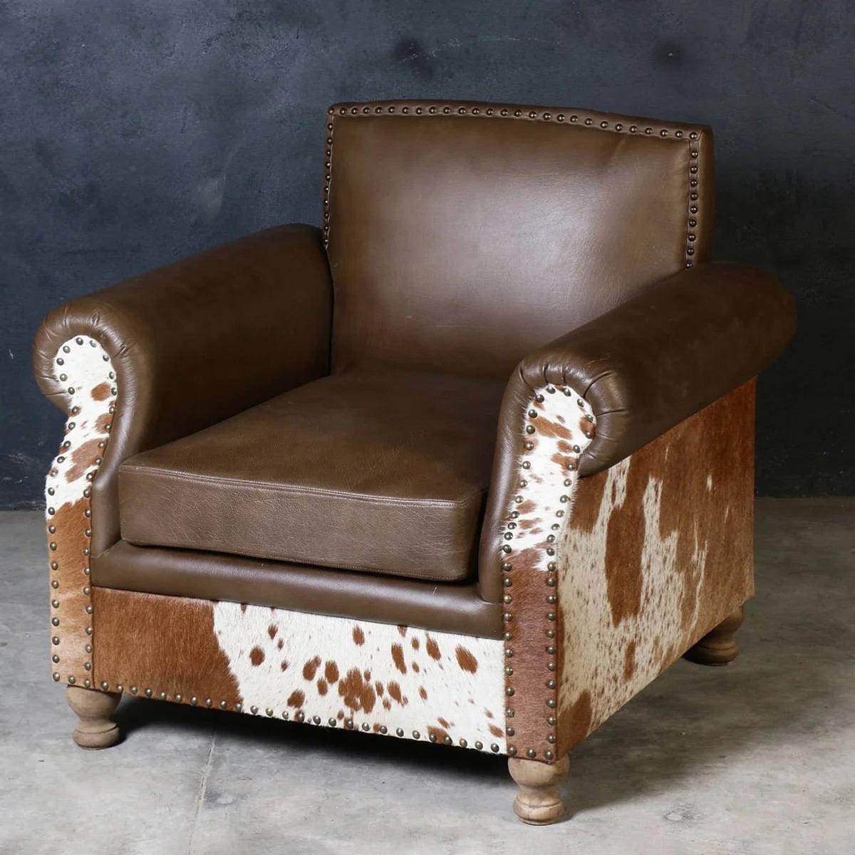 BENZI HANDMADE COW HIDE & GENUINE LEATHER ARMCHAIR EASY CHAIR LOUNGE CHAIR - MyChocolateWood
