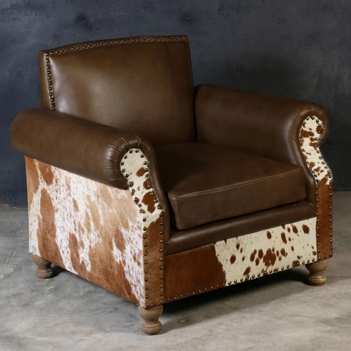 BENZI HANDMADE COW HIDE & GENUINE LEATHER ARMCHAIR EASY CHAIR LOUNGE CHAIR - MyChocolateWood
