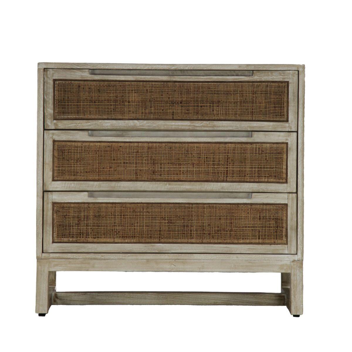 BERMUDA HAMPTONS MANGO WOOD & RATTAN TALLBOY 3-DRAWER CHEST RUSTIC GREYWASH - MyChocolateWood