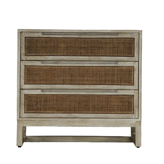 BERMUDA HAMPTONS MANGO WOOD & RATTAN TALLBOY 3-DRAWER CHEST RUSTIC GREYWASH - MyChocolateWood
