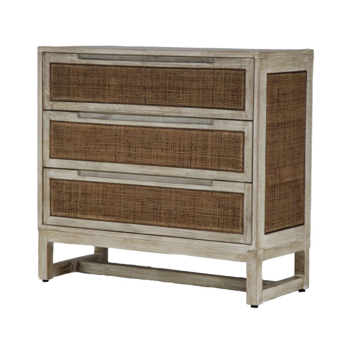 BERMUDA HAMPTONS MANGO WOOD & RATTAN TALLBOY 3-DRAWER CHEST RUSTIC GREYWASH - MyChocolateWood