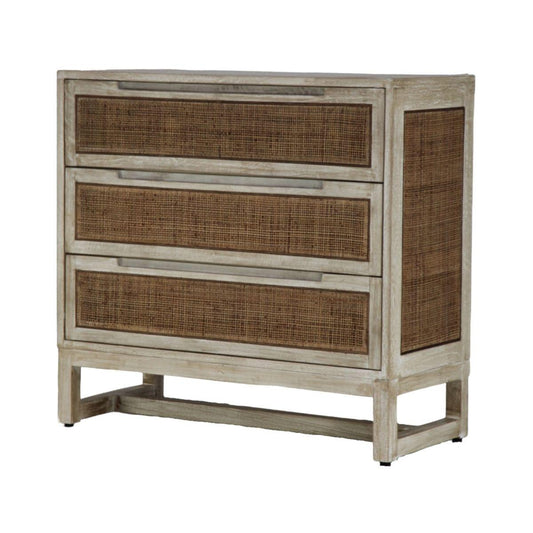 BERMUDA HAMPTONS MANGO WOOD & RATTAN TALLBOY 3-DRAWER CHEST RUSTIC GREYWASH - MyChocolateWood