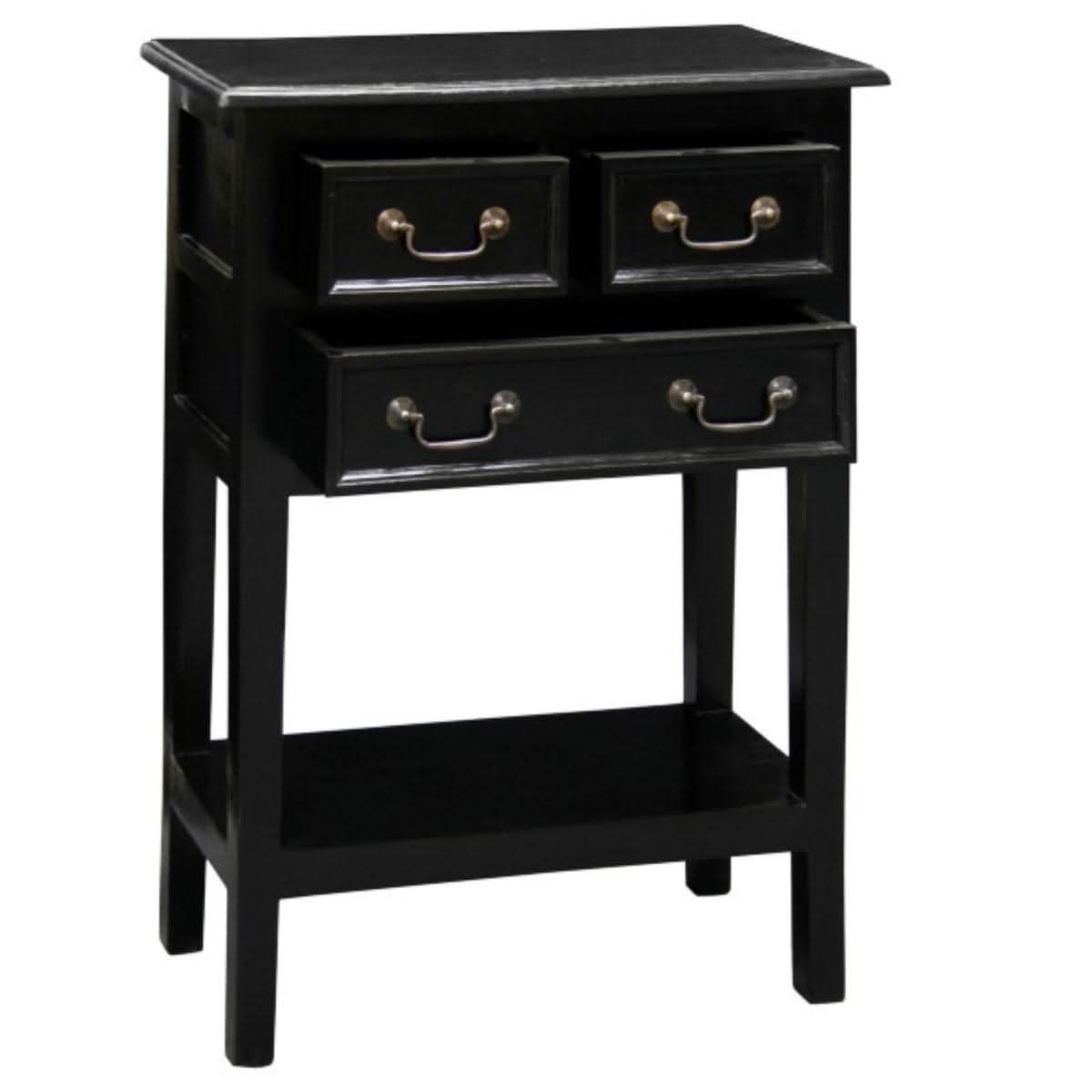 BIRKDALE 3 DRAWER SIDE TABLE/WITH SHELF IN SOLID MAHOGANY- BLACK - MyChocolateWood