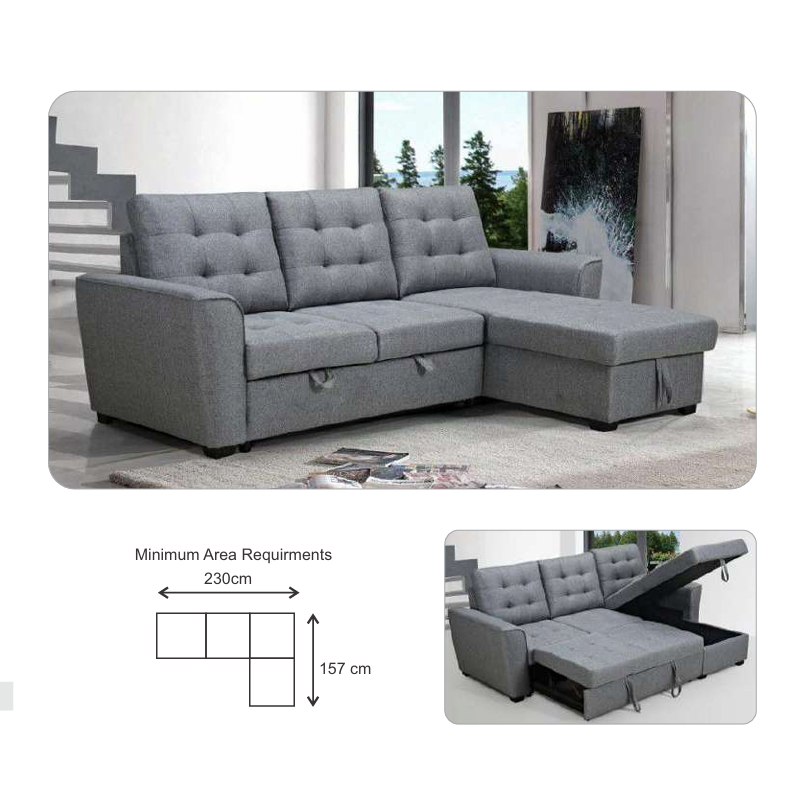 BRIENNE FABRIC SOFABED 2-SEATER SOFA & REVERSIBLE STORAGE CHAISE GREY - MyChocolateWood
