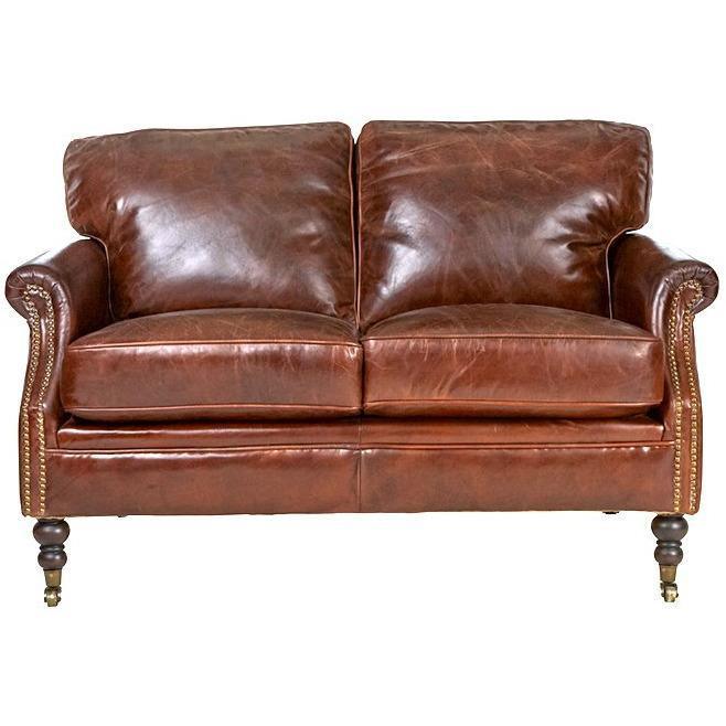 BUCKINGHAM AGED LEATHER 2-SEATER SOFA WITH BRASS STUD DETAILING - MyChocolateWood