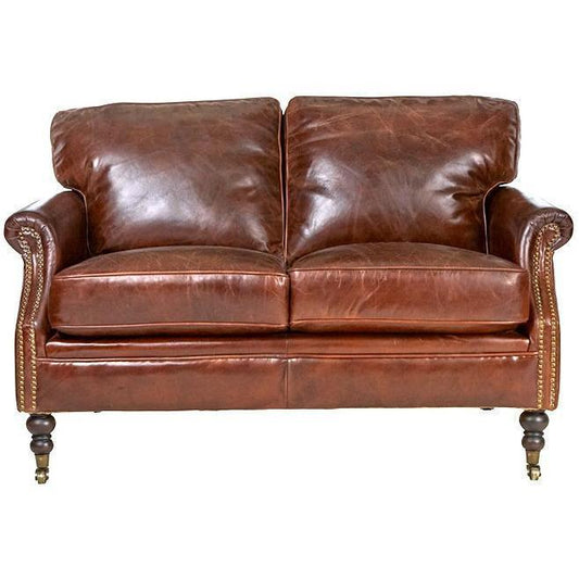 BUCKINGHAM AGED LEATHER 2-SEATER SOFA WITH BRASS STUD DETAILING - MyChocolateWood