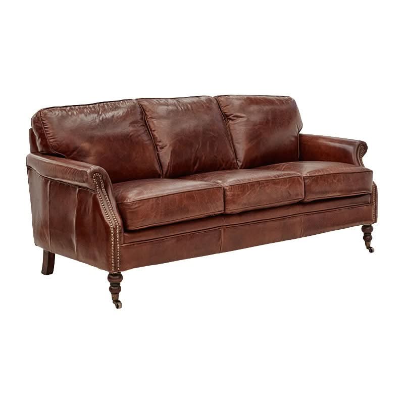 BUCKINGHAM AGED LEATHER 3 SEATER SOFA WITH BRASS STUD DETAILING - MyChocolateWood