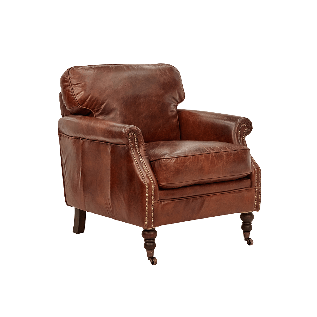 BUCKINGHAM AGED LEATHER ARMCHAIR WITH BRASS STUD DETAILING - MyChocolateWood