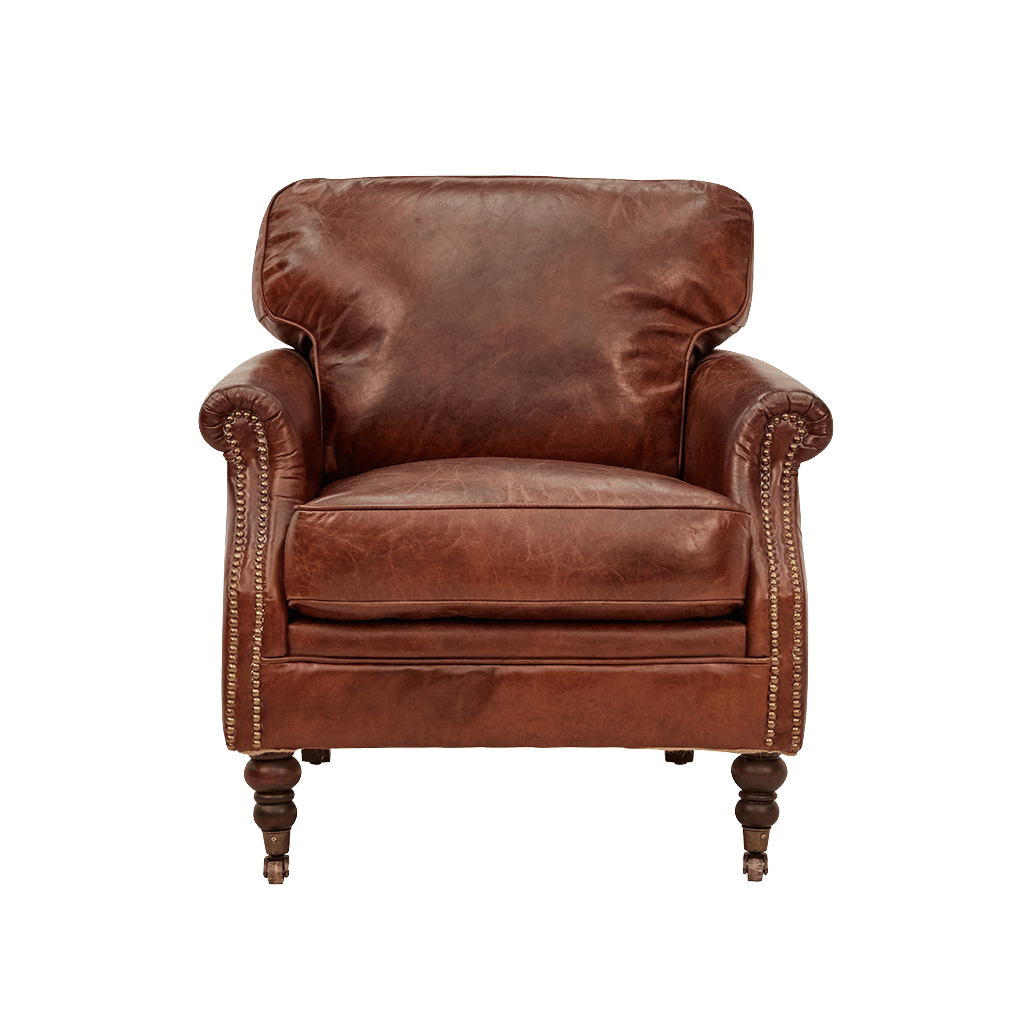 BUCKINGHAM AGED LEATHER ARMCHAIR WITH BRASS STUD DETAILING - MyChocolateWood
