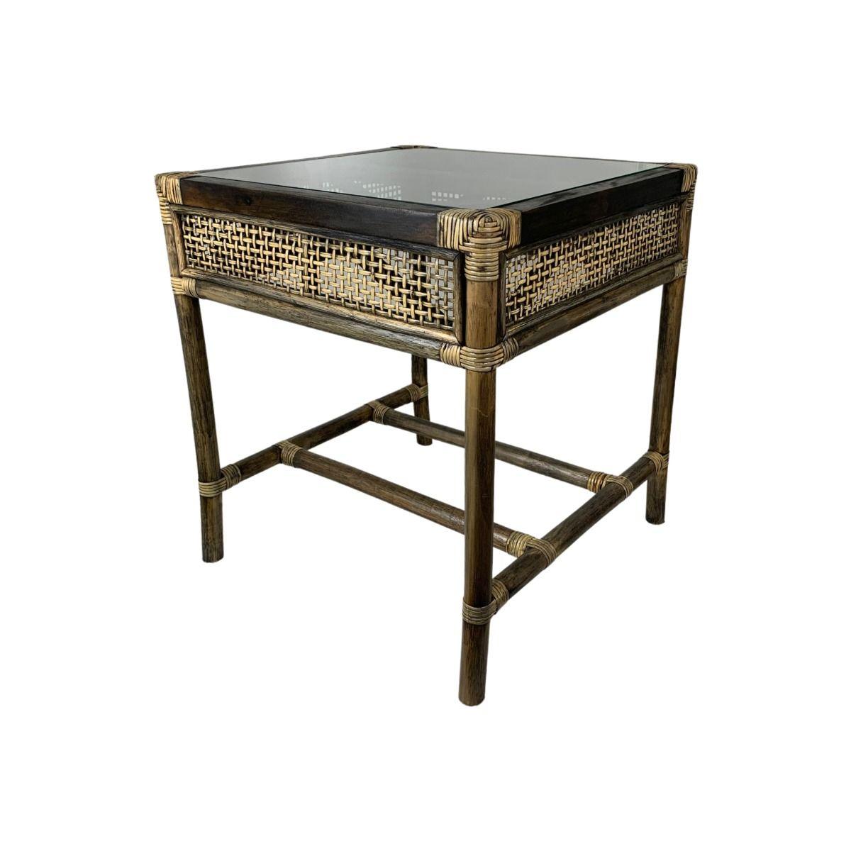 CAMINO RATTAN & MANGO LAMP TABLE/SIDE TABLE BLACK SHADOW WITH GLASS TOP - MyChocolateWood