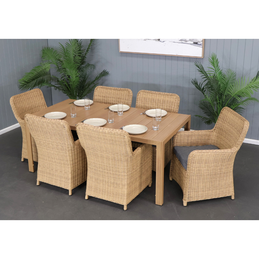 CAPELL CHARCOAL 7-PIECE OUTDOOR DINING SUITE TEAK LOOK WICKER ON ALUMINIUM FRAME/CHARCOAL CUSHIONS