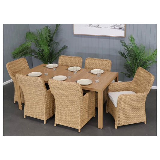 CAPELL WHITE 7-PIECE OUTDOOR DINING SUITE WICKER ON ALUMINIUM FRAME TEAK LOOK/NATURAL CUSHIONS