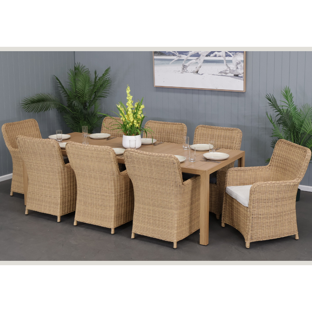 CAPELL WHITE 9-PIECE OUTDOOR DINING SUITE WICKER ON ALUMINIUM FRAME TEAK LOOK