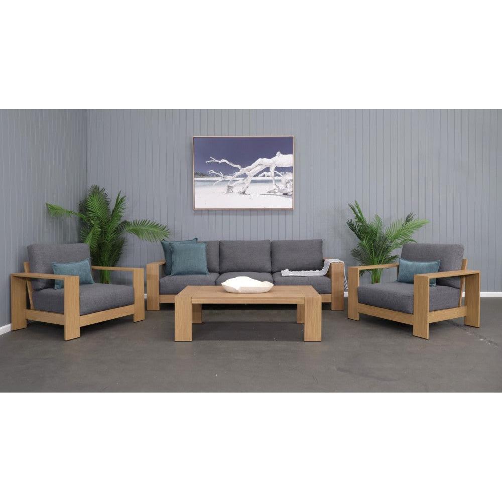 HAGEN 4-PIECE OUTDOOR LOUNGE SETTING WICKER ON ALUMINIUM FRAME TEAK LOOK FINISH/CHARCOAL CUSHIONS
